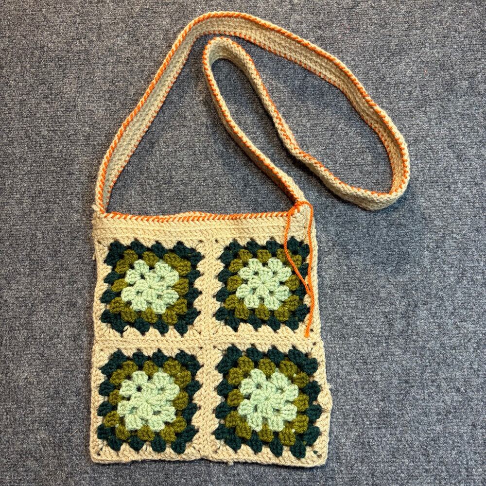 Handmade Green Cream Crochet Granny Square Crossbody Bag Purse Retro
